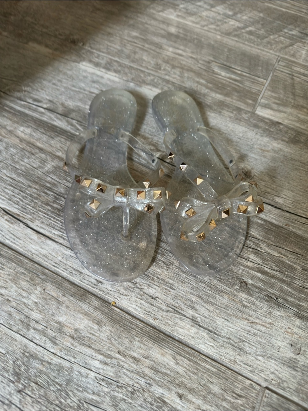 Valentino Clear Glitter Jelly Bow Thong Sandals with Gold Studs - Women